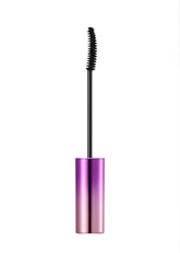 A wand of MISSHA Ultra Powerproof Thin Mascara with a brush, displayed on a reflective surface with a colorful, holographic background.